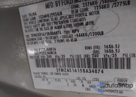 2005 Ford Freestar Se из США, поврежденный, VIN 2FMZA51615BA34874